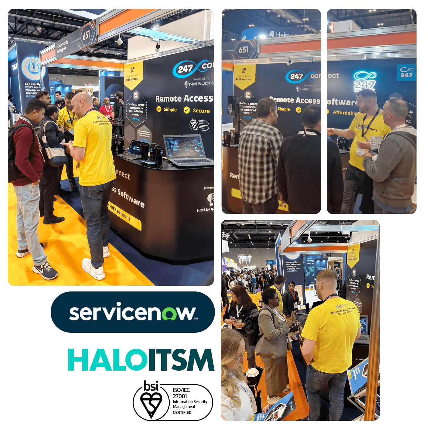 메인홈-26 247connect SITS 쇼에서 ServiceNow, Haloitsm 및 BSI 로고와 함께 전시되었습니다.